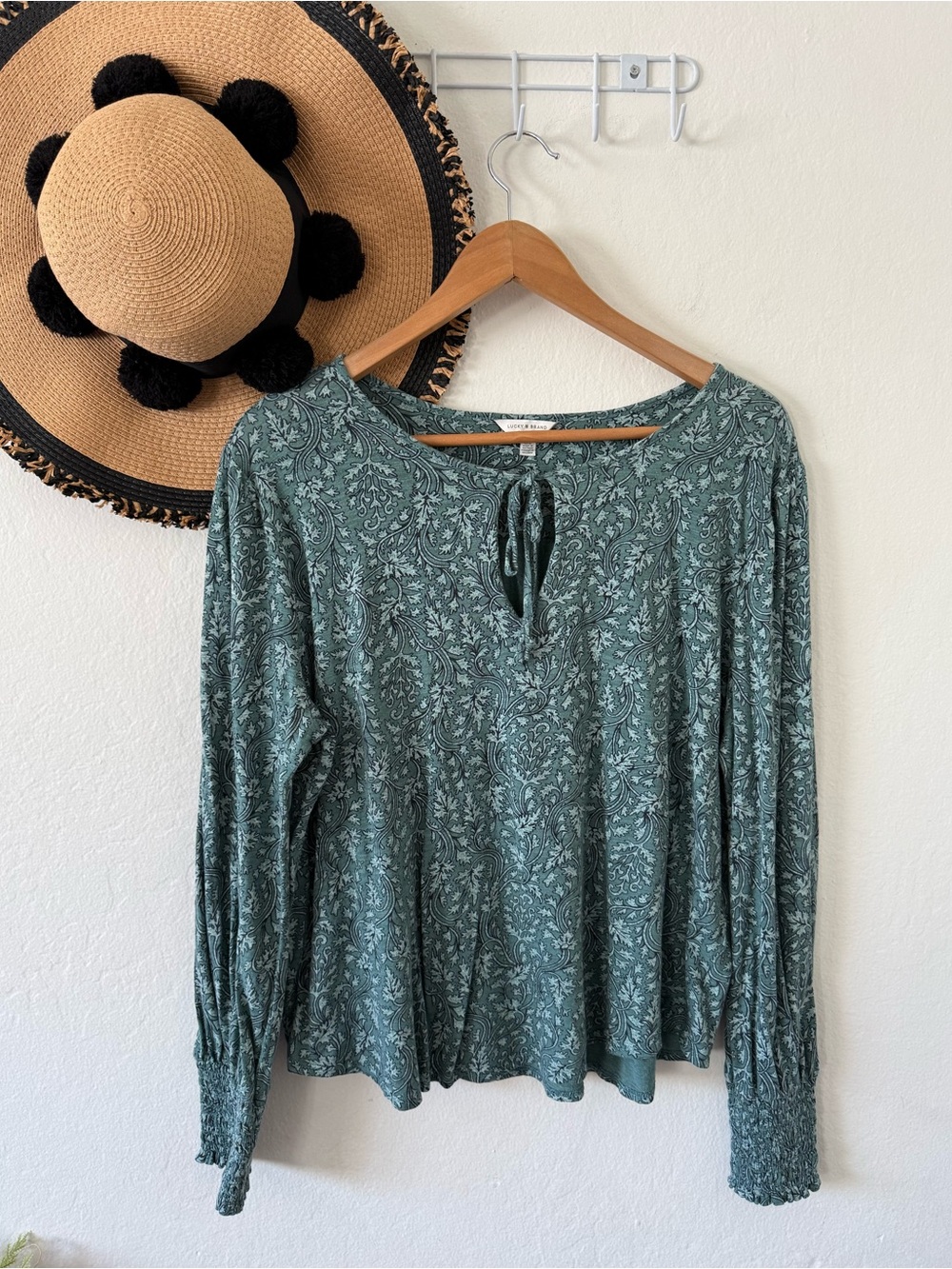 Lucky Brand Green Smocked Sleeve Peasant Top Prairie Cottagecore Size Large
